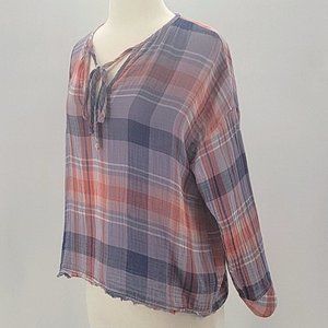 Cloth & Stone LS Oversized Tie Neck Plaid Shirt XS